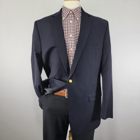 Chaps Men's Sport Coat Blazer Gold Two Button Deep Navy Twill Poly Wool Size 46L